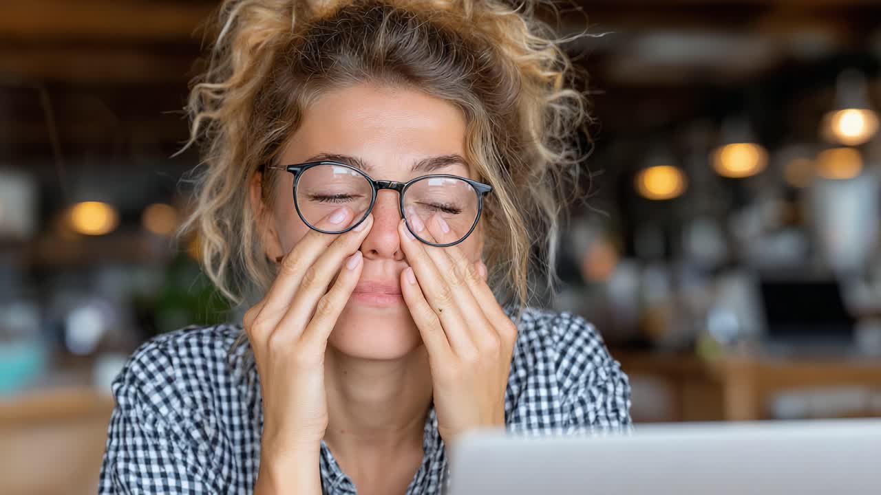 A Journey Through Expression: Capturing the Complex Emotions of a Young Woman as She Transitions from Fatigue to Focus in a Modern Workspace