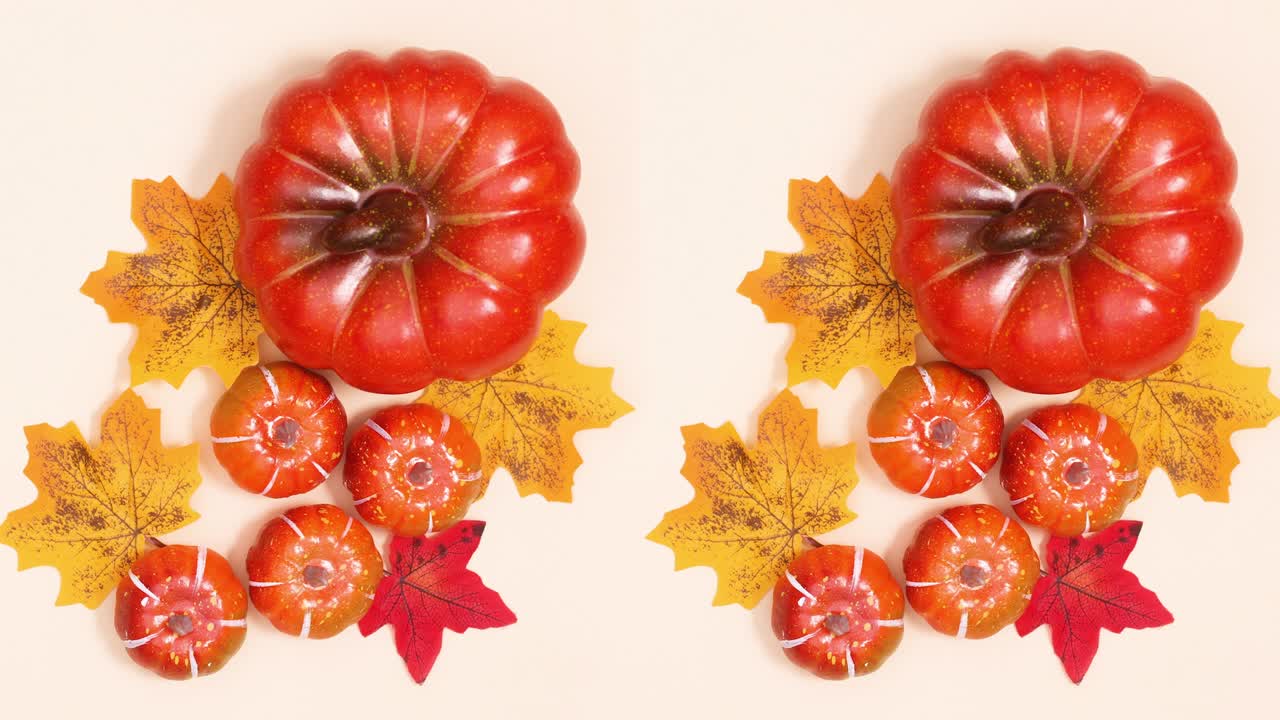 가을의 호박과 잎은 밝은 주제로 움직입니다. 움직임을 멈추십시오.