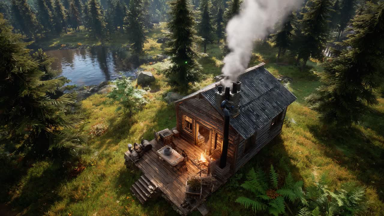 A peaceful wooden cabin nestled in a lush forest clearing, complete with a warm smoke rising from the chimney and a serene pond reflecting nature's beauty nearby