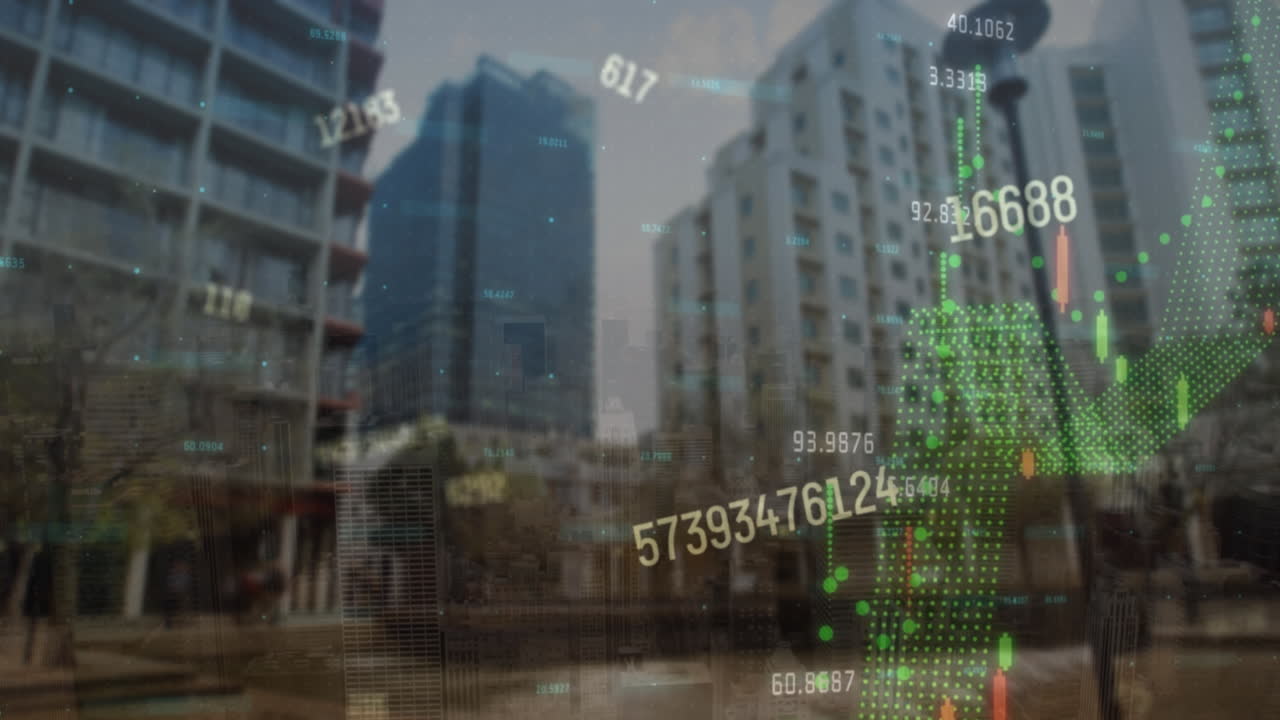 Animação de processamento de dados financeiros sobre edifícios de escritórios modernos