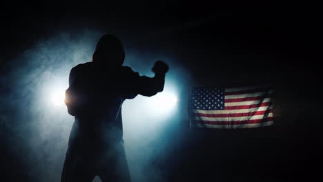 fighter's silhouette trinity in the gym - hits a boxing pear