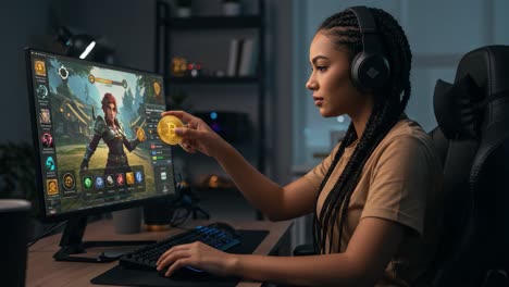 a focused gamer engaging with virtual currency in a dynamic online environment while strategically navigating gaming challenges and adventures