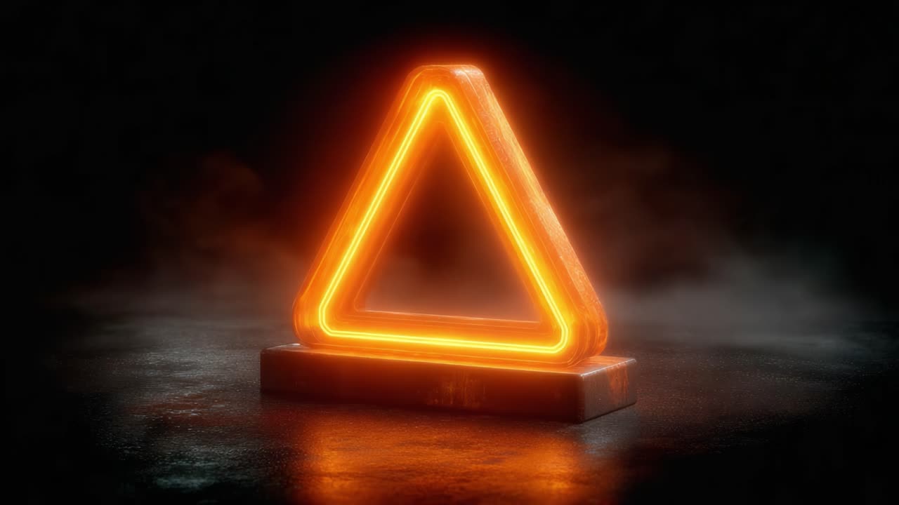 Illuminated Orange Triangle: A Striking Neon Warning Symbol Emitting a Radiant Glow Against a Dark, Atmospheric Background with Mystical Smoke Effect