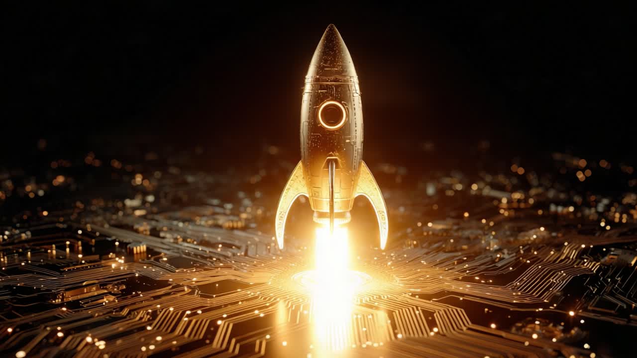 Futuristic golden rocket launching from a glowing circuit board, symbolizing startup growth, tech innovation, AI development, fintech progress and digital acceleration