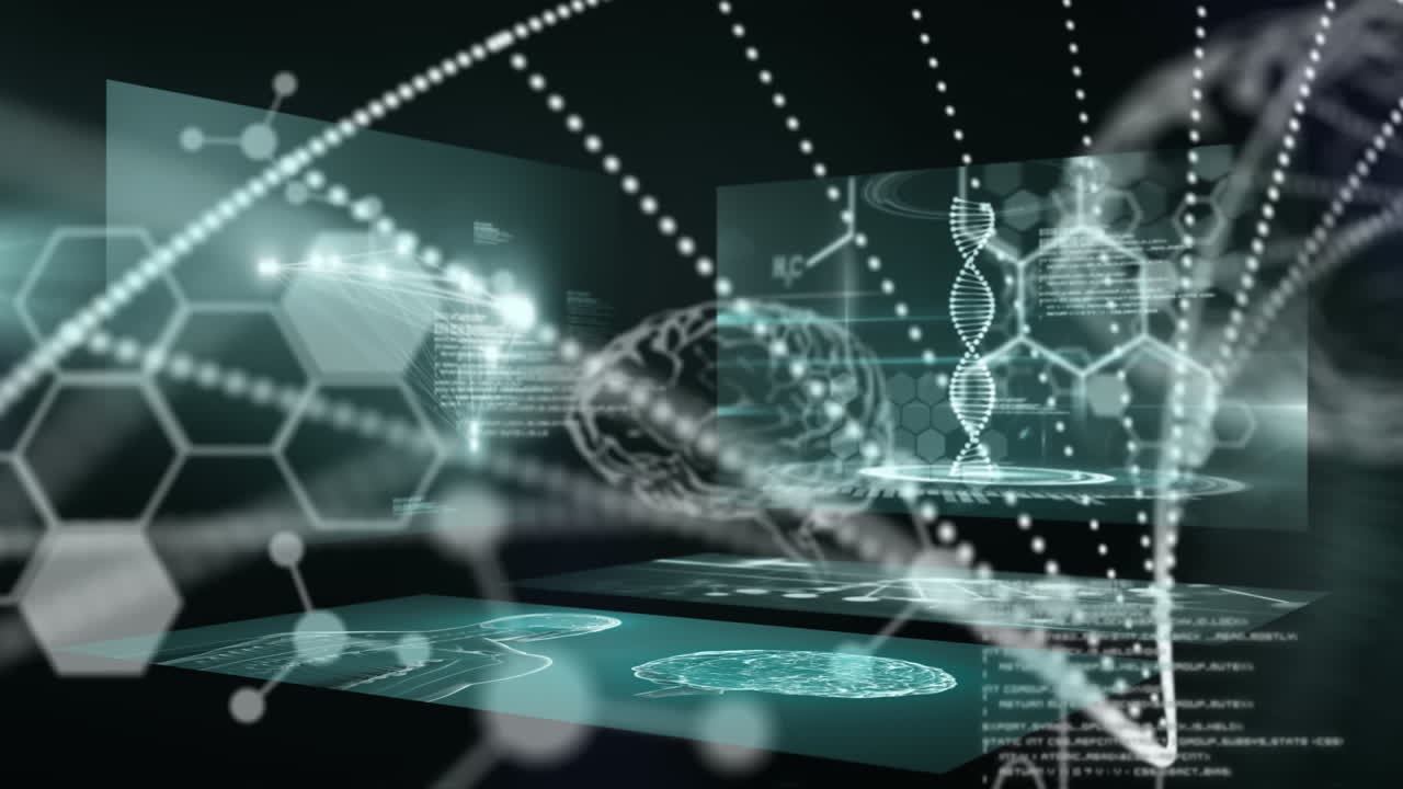 Animation of dna helix, computer language, molecule structures and human brain over black background