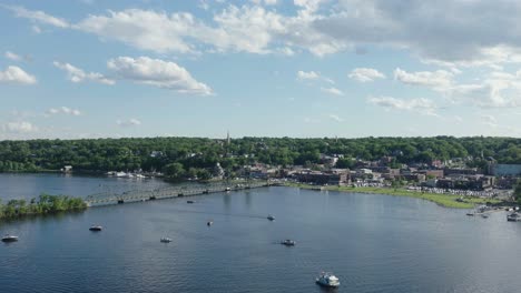 Drone-view-of-Stillwater-lift-bridge-over-St-Croix-river-in-Downtown-Stillwater-of-USA