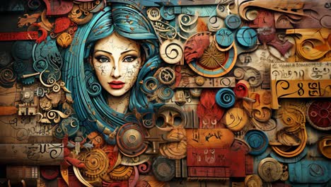 a woman with blue hair amid vibrant elements