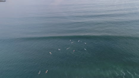 Antena-De-Arriba-Hacia-Abajo-Mientras-Los-Surfistas-Esperan-En-Las-Olas-En-El-Agua-Que-Se-Desplazan-Hasta-El-Océano-Azul,-4k