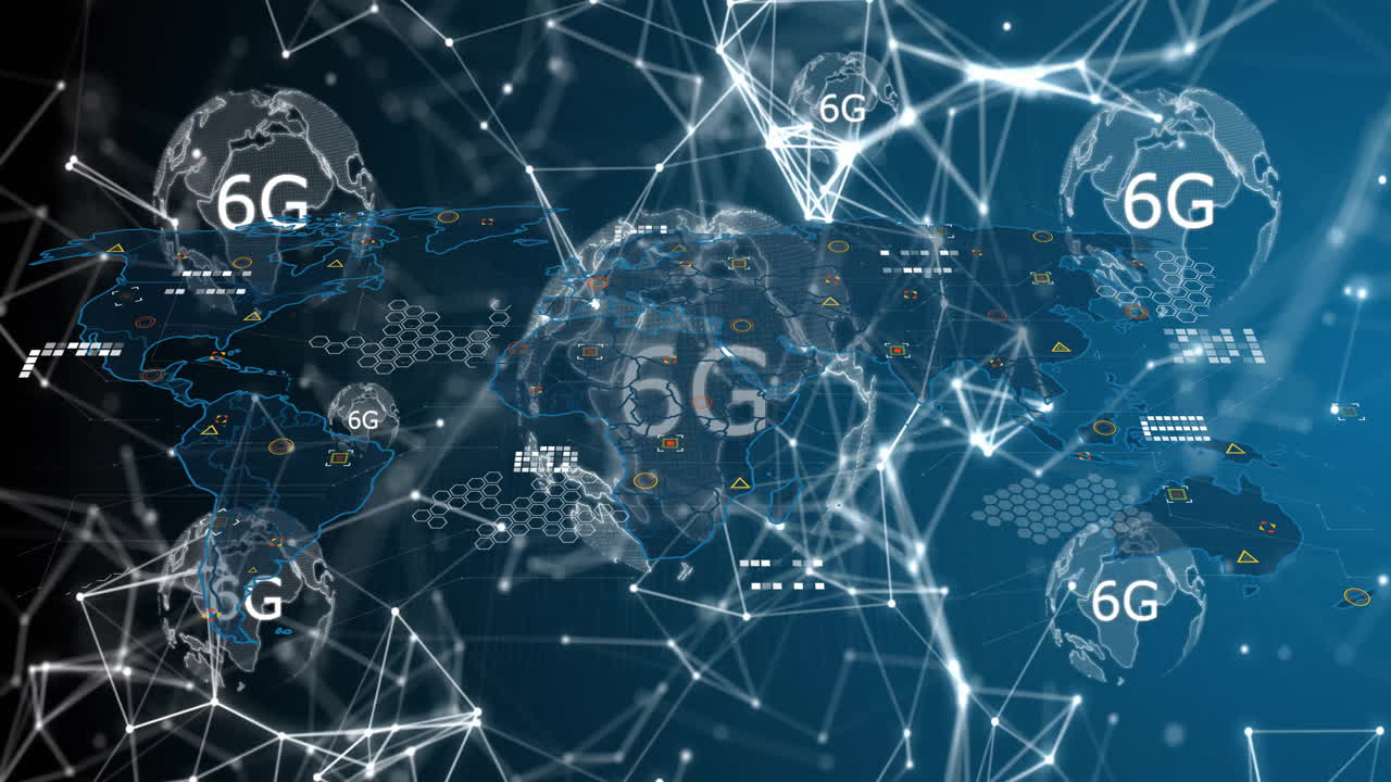 conexiones de red global y animación de tecnología 6g sobre el mapa del mundo