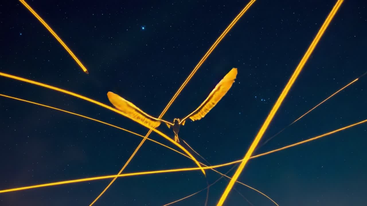 Ethereal Flight: A Captivating Display of Light Trails Against the Night Sky, Featuring a Majestic Bird with Outstretched Wings Soaring Among the Stars