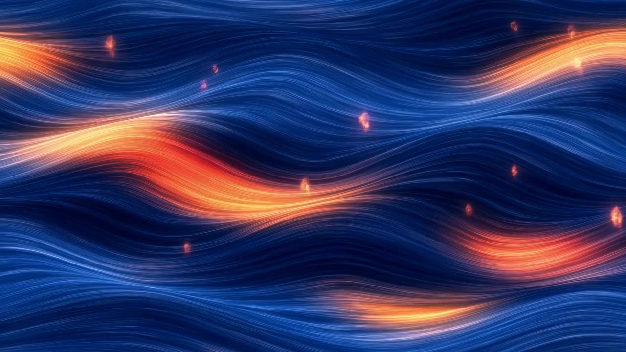 Flydende blå bølger med glødende orange striber, dynamiske strømteksturer med kosmiske gnister, bevægelsessløring