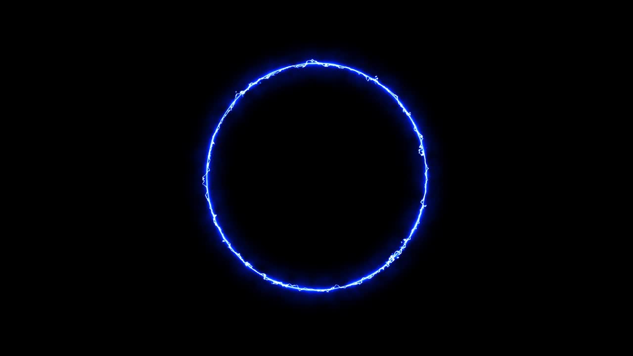 anillo azul de relámpago, neón de energía en un fondo negro. círculo de energía abstracta con descargas de relámpsagos. gradualmente, apareció un anillo azul y un brillo constante en el círculo. gráficos animados 4k.