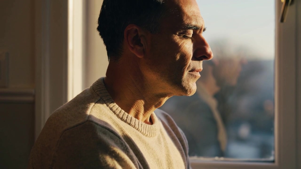 Gazing middle-aged man in cream sweater blinking and breathing at window as sunlight intensifying