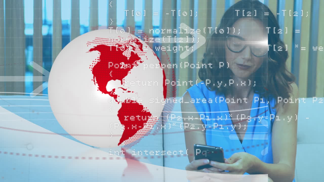 animación del globo y procesamiento de datos sobre una mujer de negocios biracial que usa un teléfono inteligente