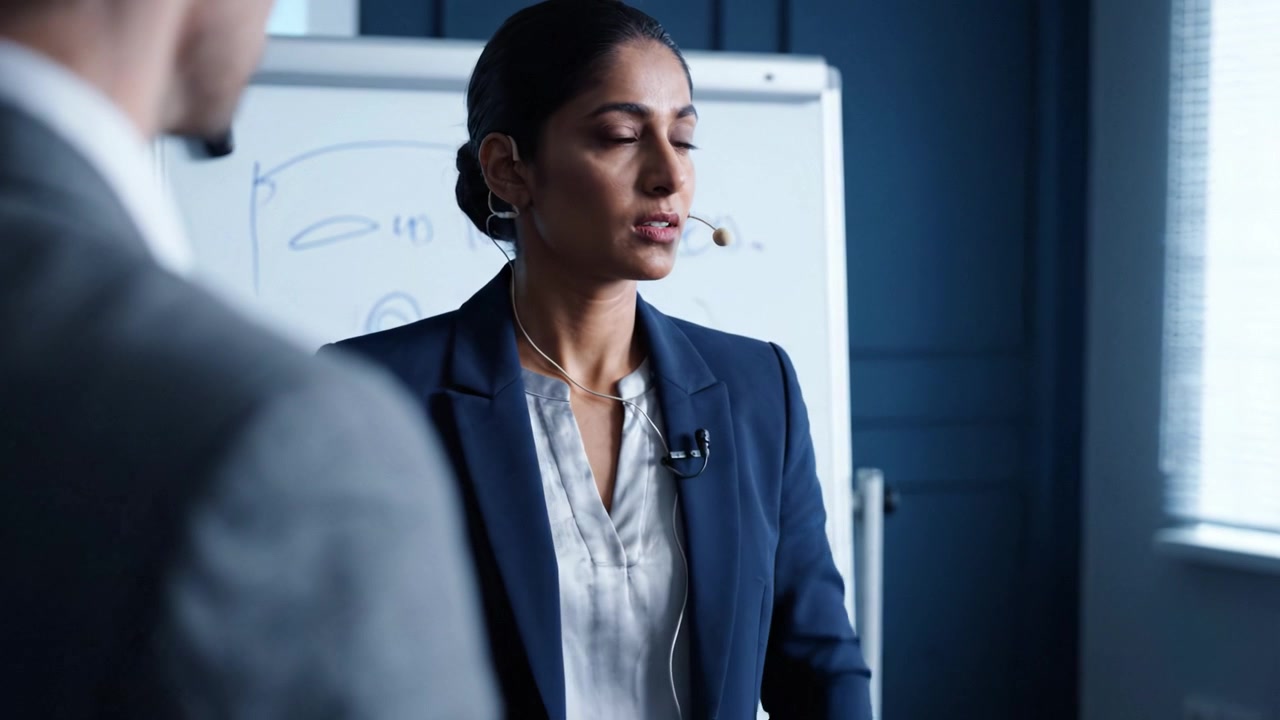 Professional Presentation Preparation: A Woman Fixes Her Microphone Before Addressing the Audience in a Conference Room Setting