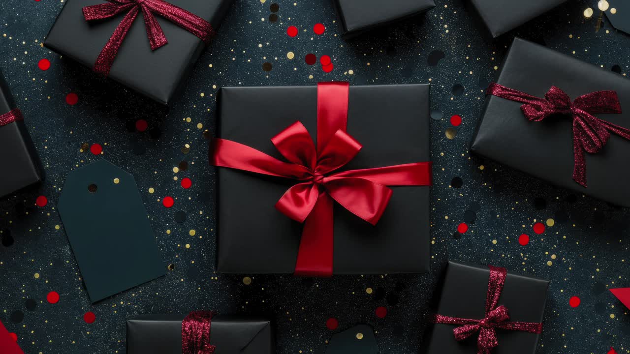 cajas de regalos negras con cinta roja y confeti dorado