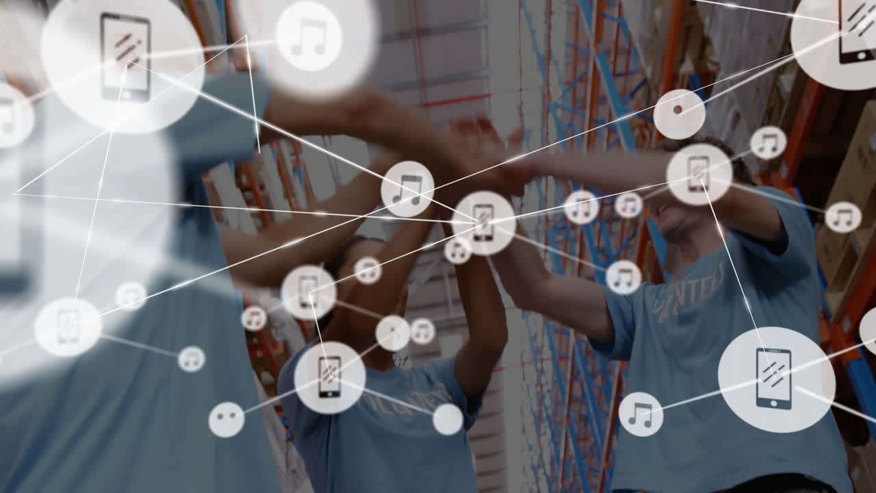 창고에서 기 ⁇ 게 손을 들어주는 다양한 자원봉사자들에 대한 연결된 아이콘의 애니메이션