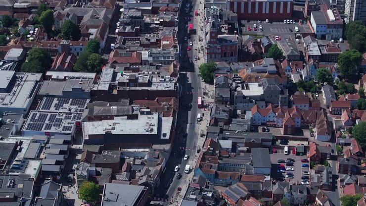 Tight aerial shot over Colchester high street