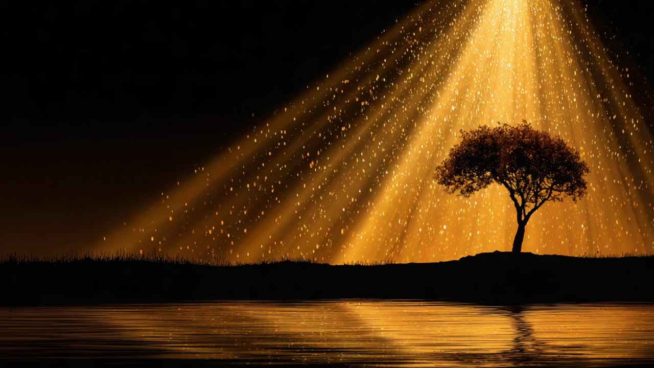 A Solitary Tree Against a Backdrop of Gold Light and Water Reflections, Capturing the Essence of Serenity and Natural Beauty in a Magical Landscape