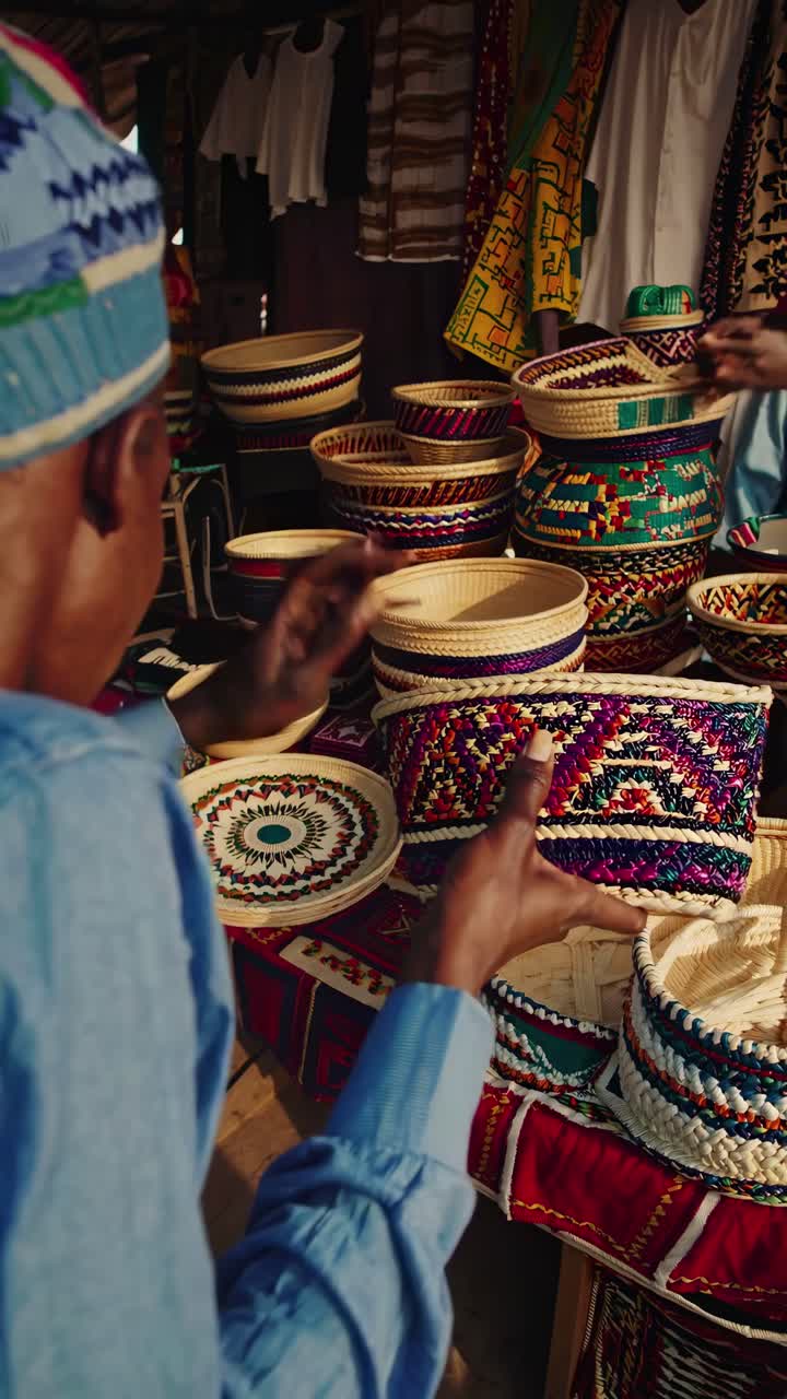 A vibrant market scene captured from a low angle, showcasing colorful woven baskets