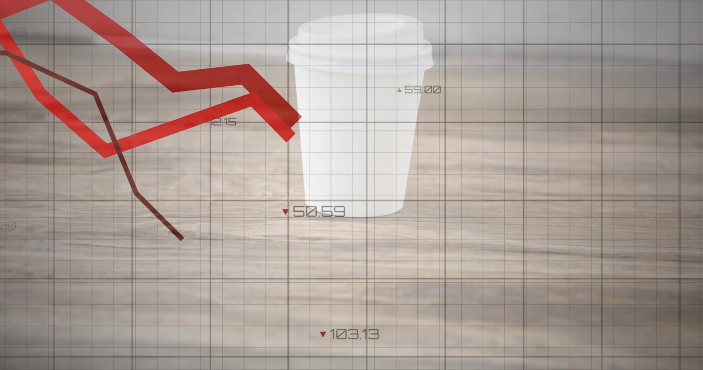 Visualizing market data with grid overlay, cup icon fading, numbers updating, red graph fluctuating