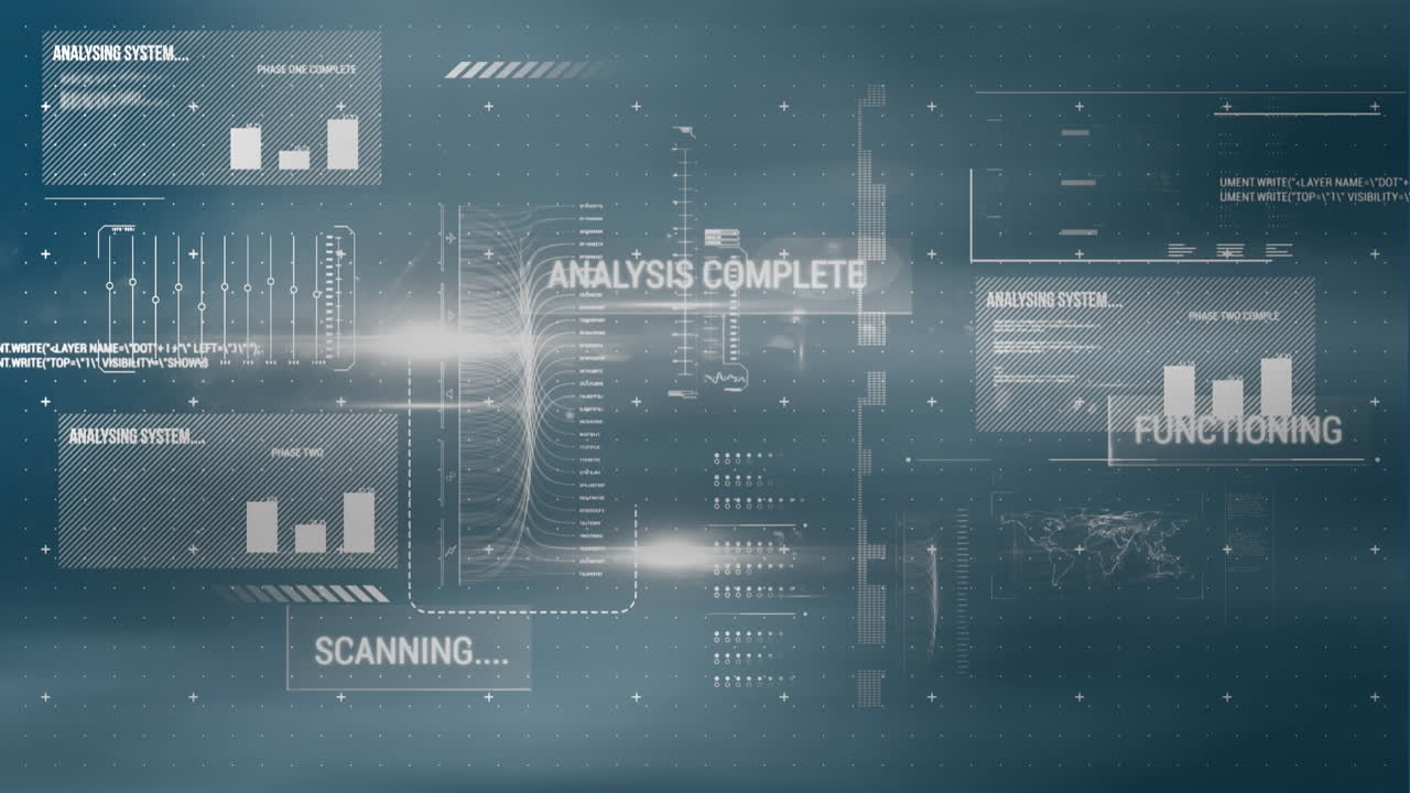 Animation of graphs, loading bars, texts, computer language, lens flares against abstract background