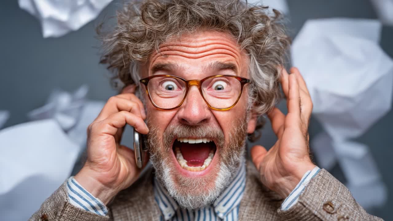 A man experiences a whirlwind of emotions while on the phone, transitioning from frustration to excitement, surrounded by chaos and flying papers in a humorous magic moment