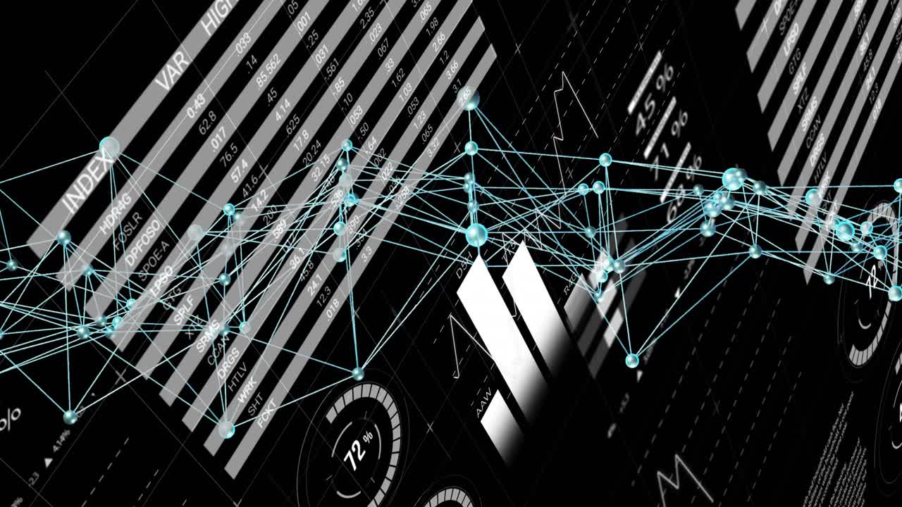 Turquoise node network pulsing across finance dashboard table and mapping metrics onto world map