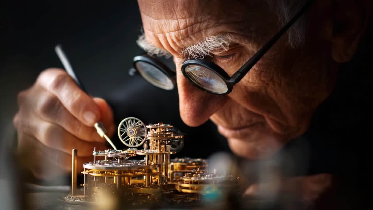 An elderly artisan meticulously repairs a complex mechanical masterpiece, showcasing the intricate details and craftsmanship involved in watchmaking or clock restoration, emphasizing dedication
