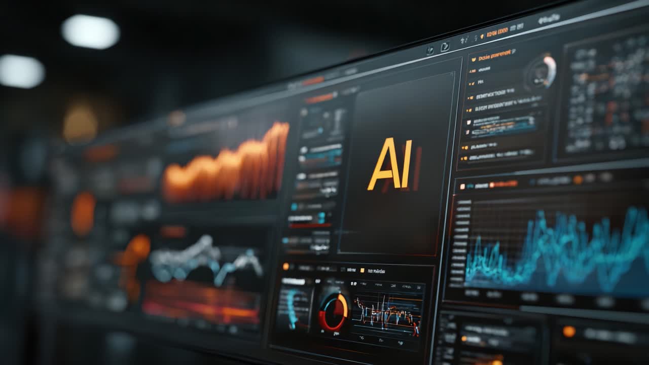 A Detailed Look at Advanced Data Visualization and AI Analytics on a High-Tech Monitor Displaying Complex Graphs and Metrics