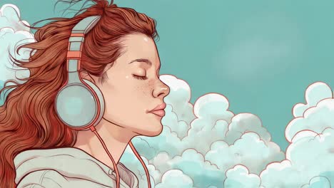 tranquil female wearing headphones, listening intently, absorbing melodic soundscape with closed eyes against soft cloudscape, representing inner calm through digital artwork
