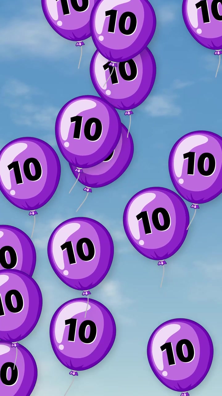 Palloncini viola animati con il numero dieci che fluttuano verso l'alto contro un cielo azzurro e nuvoloso