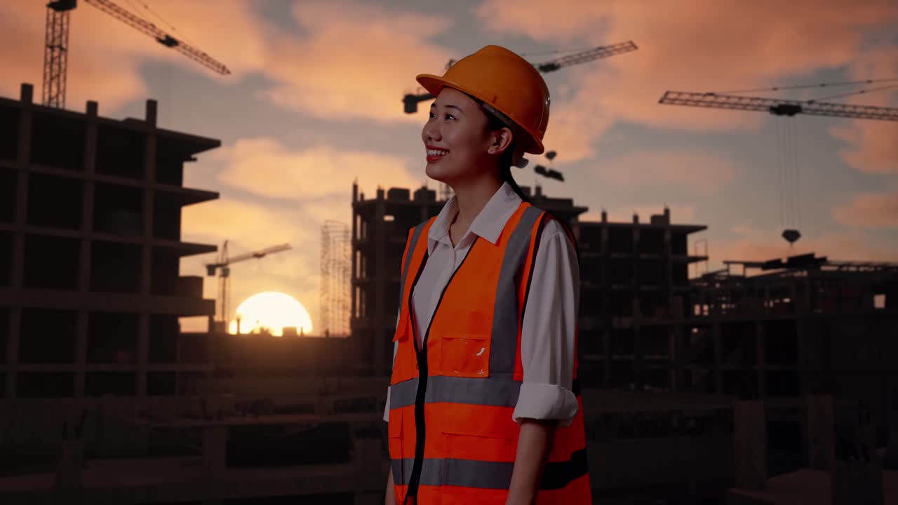 Side View Of Asian Female Engineer With Safety Helmet Looking Around While Standing At Construction Site in Progress to New House