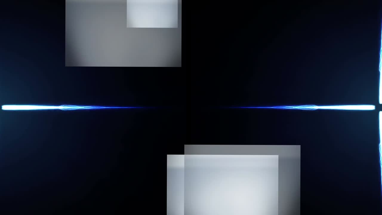 Animation of grey squares with blue current moving from centre in waves to left and right, on black