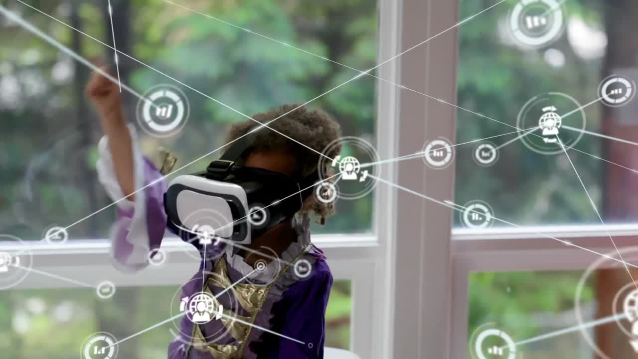 animación de una red de conexiones sobre una chica biracial usando auriculares vr