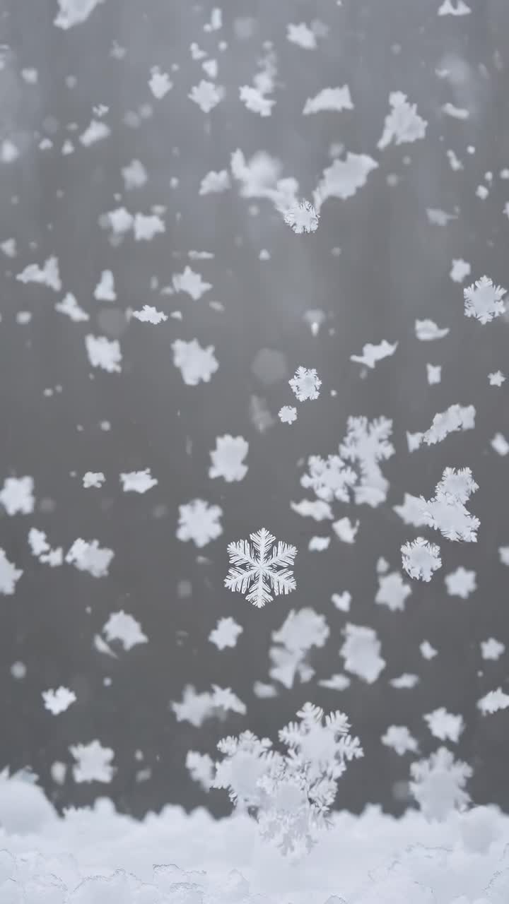 Close-up video of snowflakes gently falling against a blurred gray background