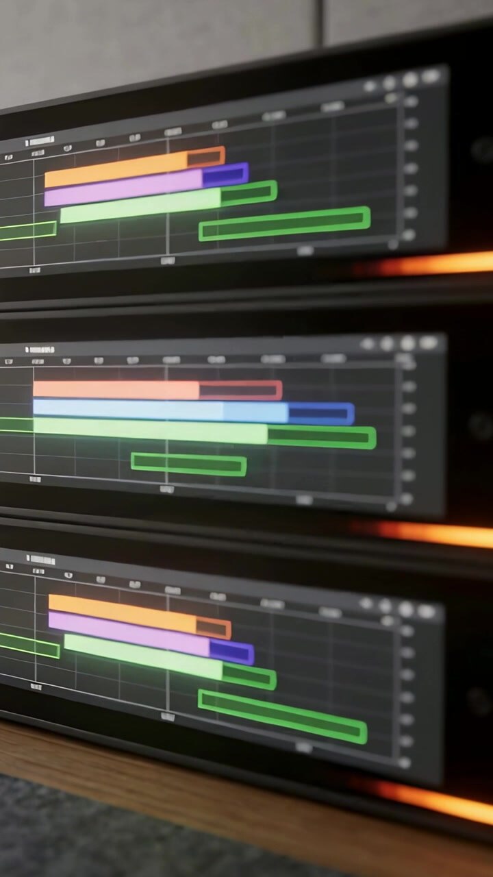 Vertical video: Panning camera moving 3-screen rack at desk, showing timeline and orange LED