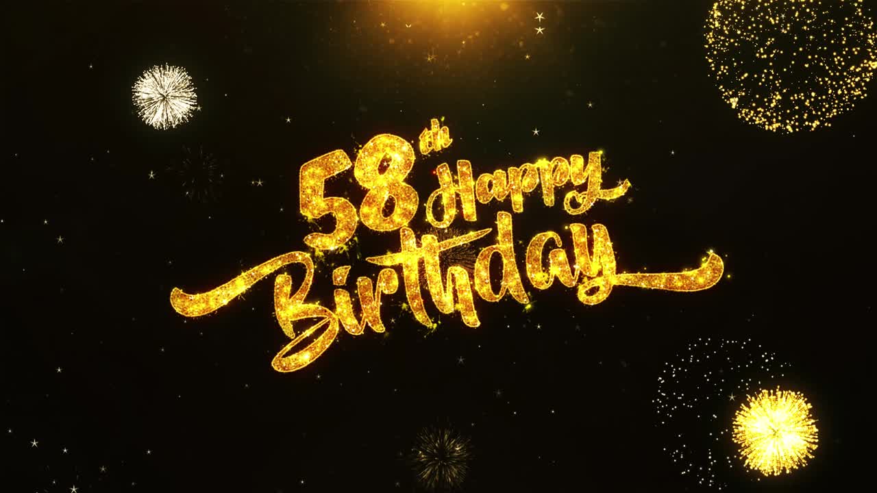 Tarjeta de felicitación y deseos para el 58.º cumpleaños con texto hecho de partículas de purpurina de fuegos artificiales dorados