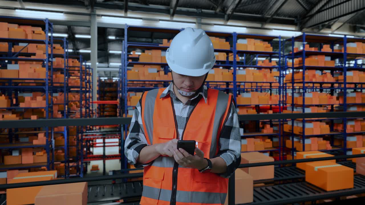 trabajador de almacén comprobando el inventario en su teléfono inteligente