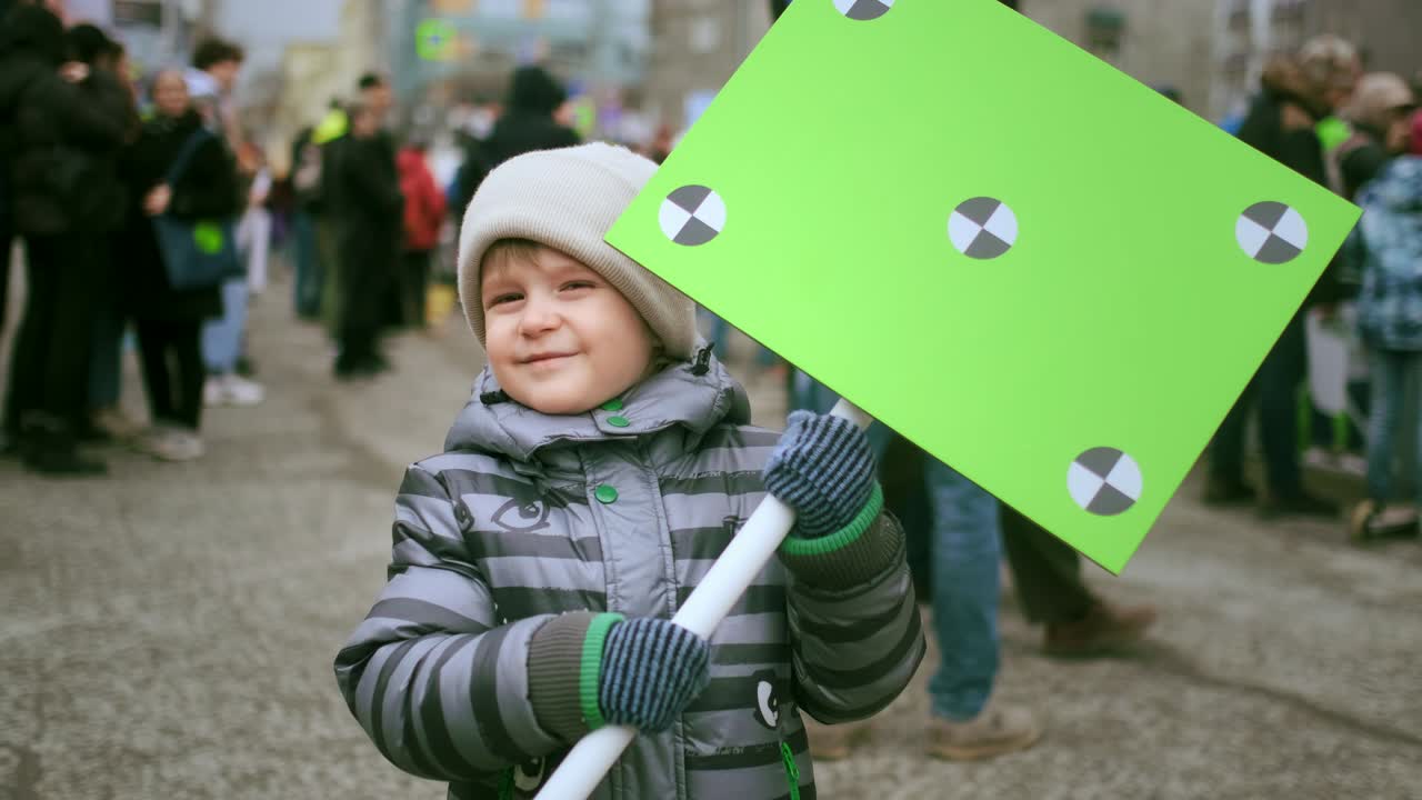 Protesting kid with mockup banner. Children at political rally demonstration.