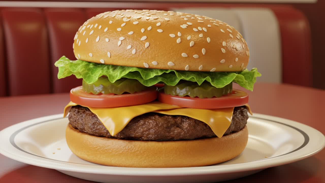 Delicious Close-Up of a Juicy Cheeseburger with Fresh Toppings Captured in an Upscale Diner Setting, Perfect for Food Lovers Seeking Mouthwatering Delights