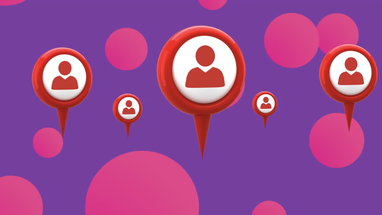 animación de iconos de medios en movimiento y puntos rosados sobre fondo púrpura