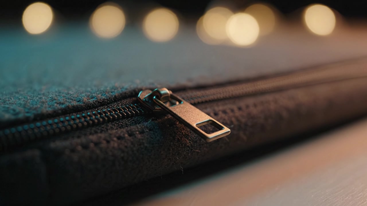 Primo piano di una mano che afferra una cerniera su una borsa in tessuto scuro con luci bokeh sullo sfondo, catturando texture e dettagli di accessori moderni.