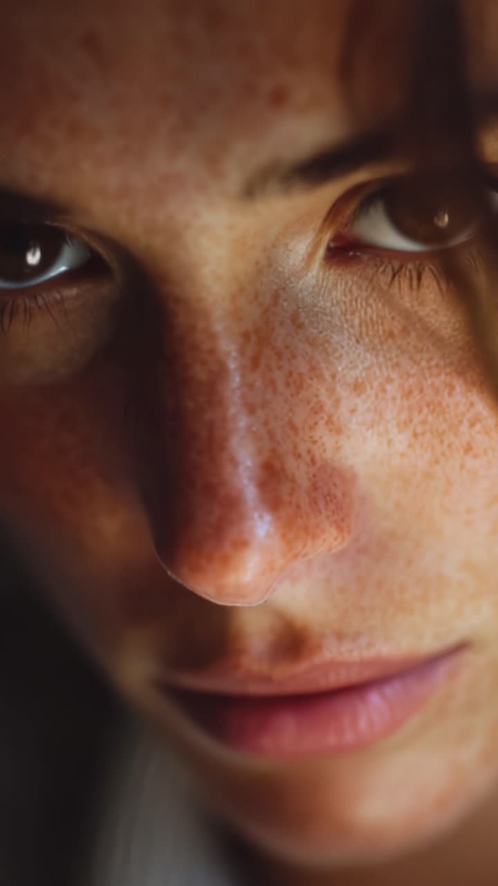 Un momento contemplativo catturato in primo piano, che rivela i dettagli intricati del viso di una persona, evidenziando la bellezza naturale delle lentiggini e le espressioni serene