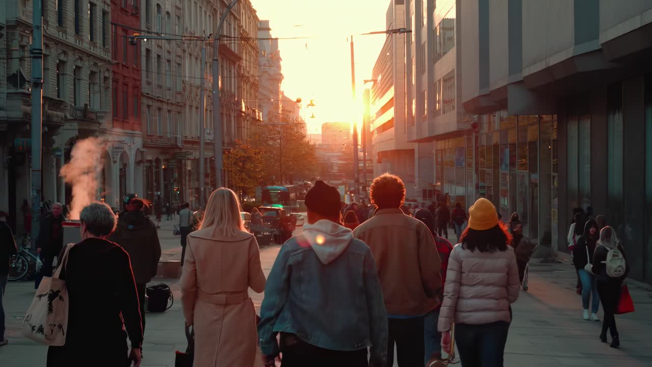 Video di una scena urbana al tramonto, persone che camminano viste da dietro, angolazione a livello della strada, toni caldi