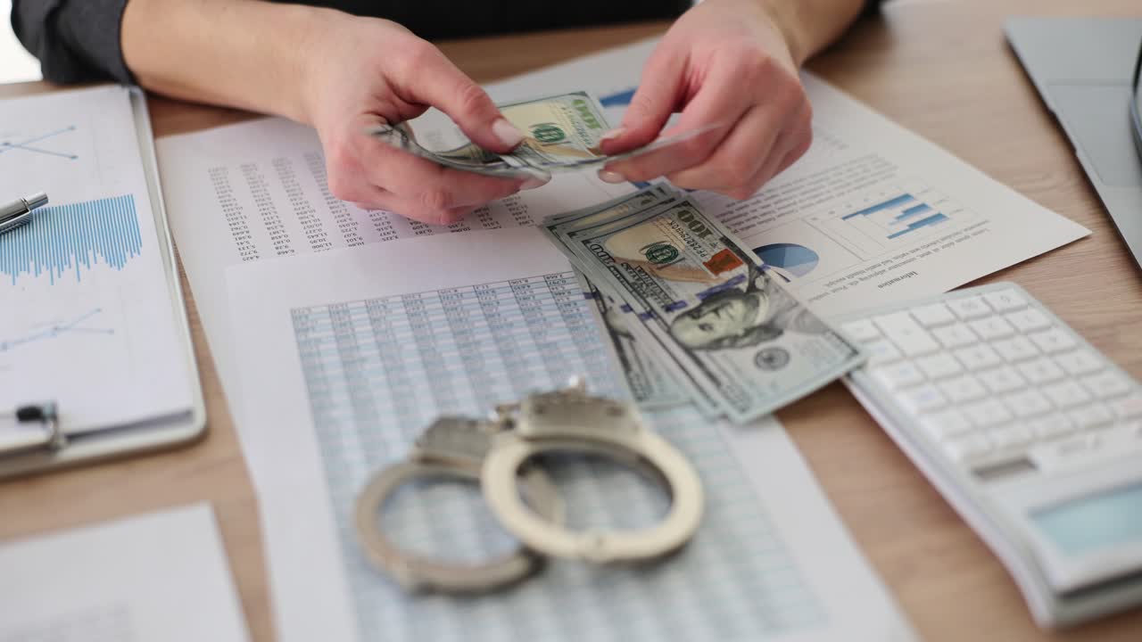 Person counting cash on a desk with handcuffs and financial documents
