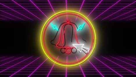 animación del icono de la campana digital de neón rojo parpadeante en un círculo brillante
