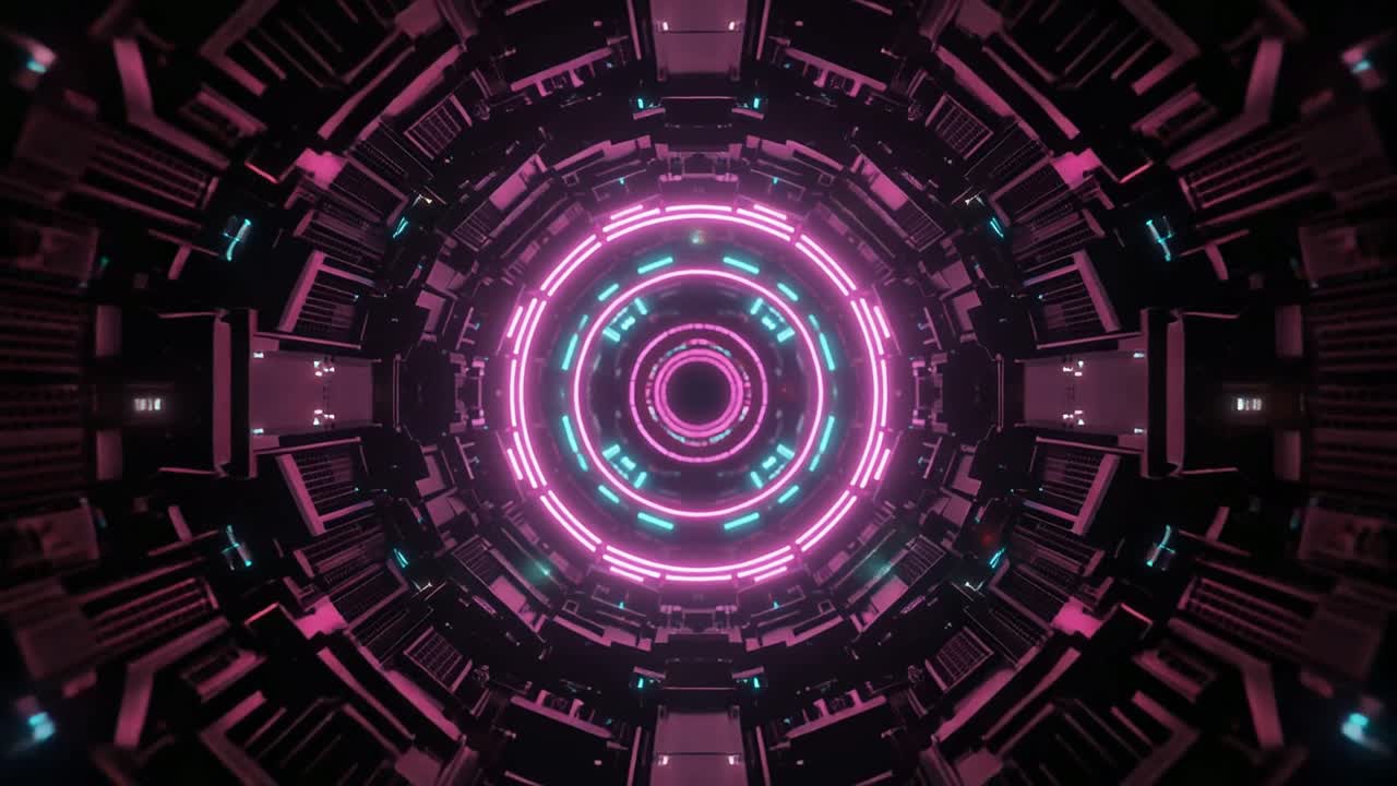 Loop Continuo di un Tunnel Digitale Futuristico con Luci al Neon