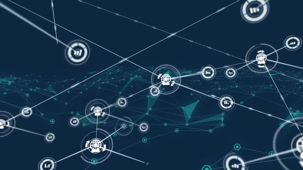 animación de la red de conexiones con iconos digitales sobre fondo azul
