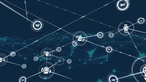 animation of network of connections with digital icons on blue background